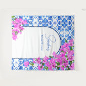 Blauwe tegels Bougainvillea elegante foto-achtergr Wandkleed (Voorkant (horizontaal))