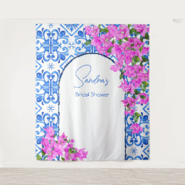Blauwe Tegels Bougainvillea elegante foto achtergr Wandkleed
