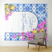 Blauwe Tegels Bougainvillea elegante foto achtergr Wandkleed (In Situ (horizontaal))