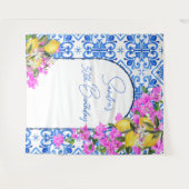 Blauwe Tegels Bougainvillea elegante foto achtergr Wandkleed (Voorkant (horizontaal))