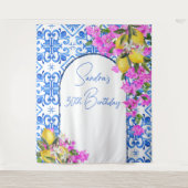Blauwe Tegels Bougainvillea elegante foto achtergr Wandkleed (Voorkant)