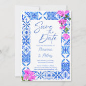 Blauwe Tegels Bougainvillea foto bewaar de datum Kaart (Voorkant)