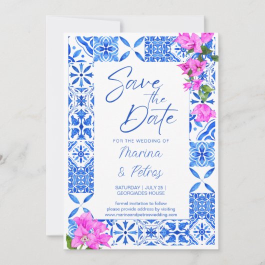 Blauwe Tegels Bougainvillea foto bewaar de datum Kaart (Voorkant)