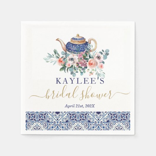 Blauwe tegels Bruidsdouche theedecoratie Servet (Voorkant)