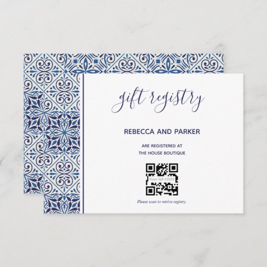 Blauwe tegels bruiloft Cadeau QR-kaart Informatiekaartje (Voorkant / Achterkant)