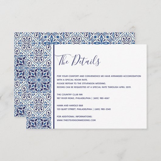 Blauwe tegels bruiloft details invoegen kaart (Voorkant / Achterkant)