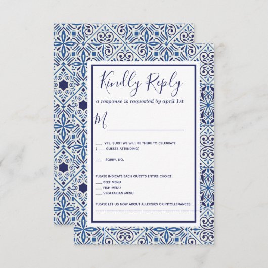 Blauwe Tegels Bruiloft RSVP Kaart (Voorkant / Achterkant)