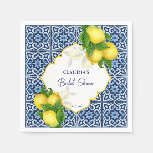 Blauwe tegels citroen Amalfi bruidsfeest feest aan Servet (Voorkant)