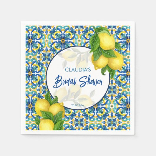 Blauwe tegels citroen Amalfi Positano bruidsdouche Servet (Voorkant)