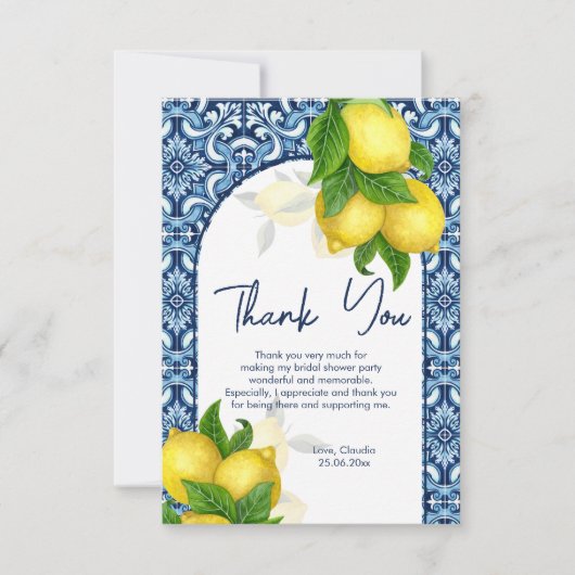 Blauwe tegels citroen Amalfi Positano bruidsfeest  Bedankkaart (Voorkant)