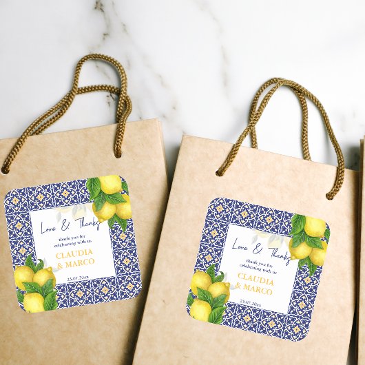 Blauwe tegels citroen Amalfi Positano dank je Vierkante Sticker