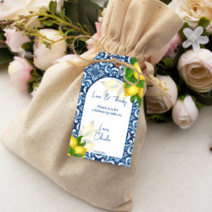 Blauwe tegels citroen Amalfi vrijgezellenfeest bed Cadeaulabel