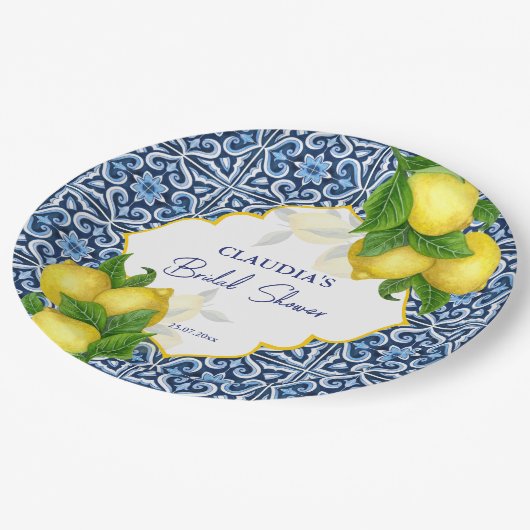 Blauwe tegels citroen Amalfi vrijgezellenfeest Papieren Bordje (Gekanteld)