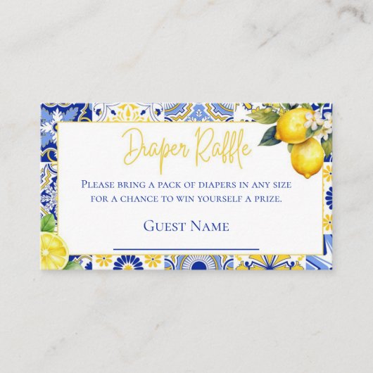 Blauwe Tegels Citroen Baby shower Luier Raffle Informatiekaartje (Voorkant)