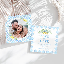 Blauwe Tegels Citroen Bewaar de Datum Foto Uitnodi