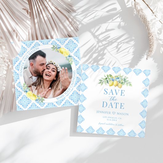 Blauwe Tegels Citroen Bewaar de Datum Foto Uitnodi