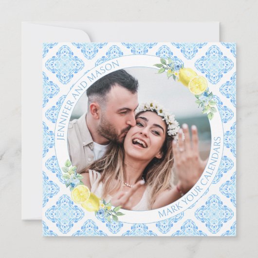 Blauwe Tegels Citroen Bewaar de Datum Foto Uitnodi (Achterkant)