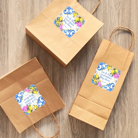 Blauwe tegels citroen Bougainvillea Amalfi baby sh Vierkante Sticker