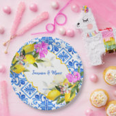 Blauwe tegels citroen Bougainvillea Papieren Bordje (Feest)