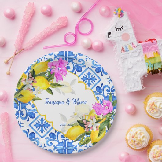 Blauwe tegels citroen Bougainvillea Papieren Bordje (Feest)