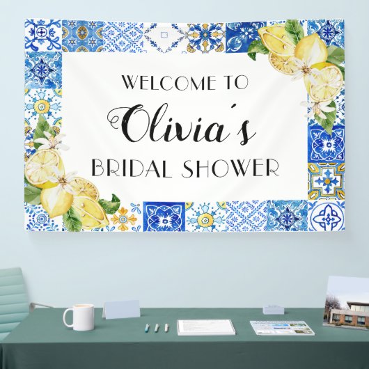 Blauwe Tegels Citroen Bruiloft Welkom Banner (Beurs)