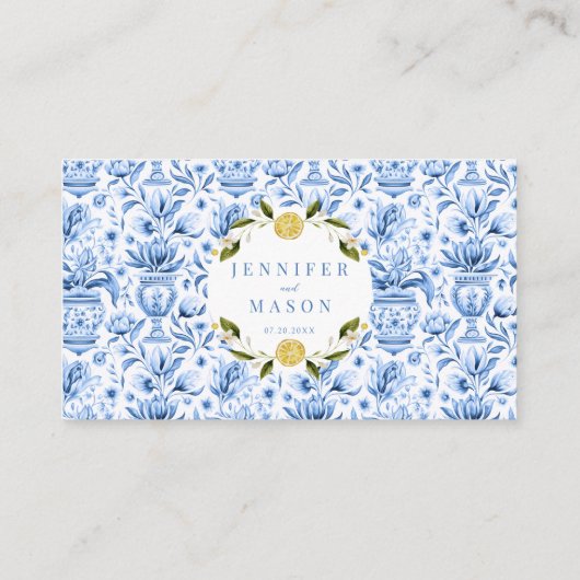 Blauwe tegels citroen Italiaans bruiloft Flat Plac Plaatskaartje (Achterkant)