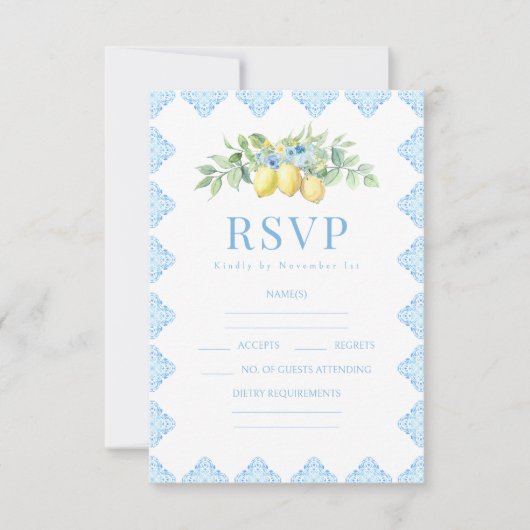 Blauwe Tegels Citroen Italiaans Bruiloft RSVP kaar (Voorkant)