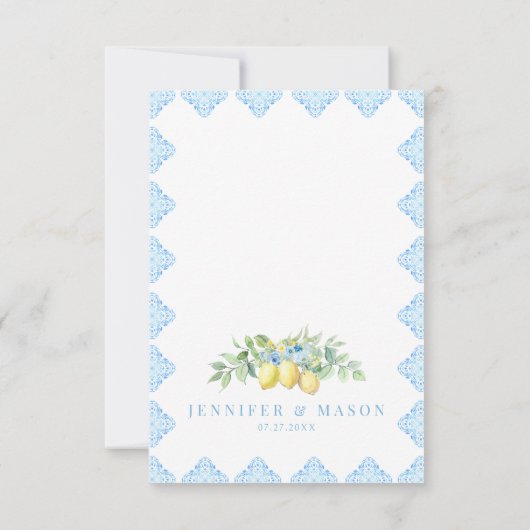 Blauwe Tegels Citroen Italiaans Bruiloft RSVP kaar (Achterkant)