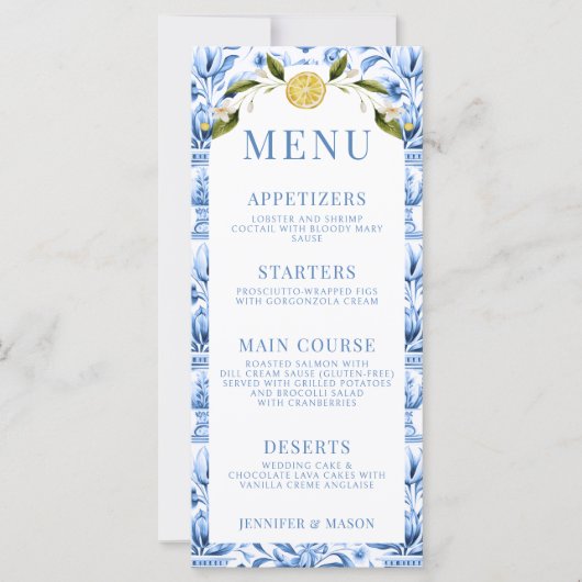 Blauwe tegels citroen porselein bruiloft menu kaar (Voorkant)