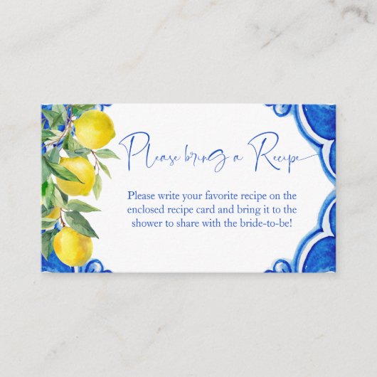 Blauwe tegels citroenen dat is een receptkaart informatiekaartje (Voorkant)