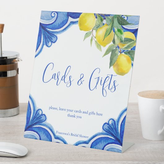 Blauwe tegels citroenen dat is meer vrijgezellenfe reclamebord met voetstuk (Insitu)