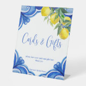 Blauwe tegels citroenen dat is meer vrijgezellenfe reclamebord met voetstuk (Voorkant)