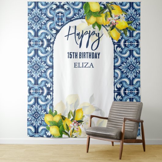 Blauwe tegels citroenen Italiaans Amalfi Gefelicit Wandkleed (In situ)