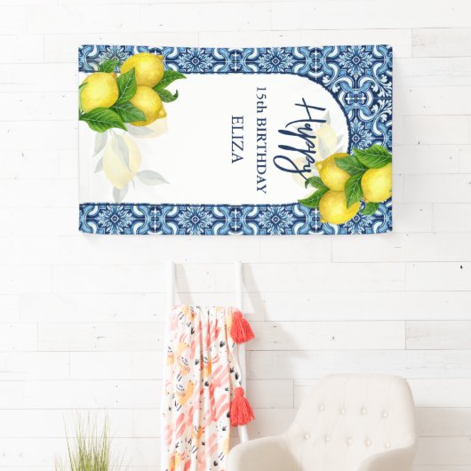 Blauwe tegels citroenen Italiaans Amalfi Happy Bir Spandoek (Insitu)