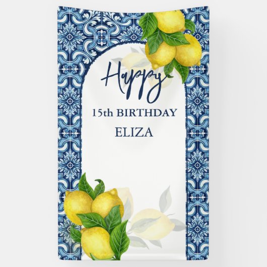 Blauwe tegels citroenen Italiaans Amalfi Happy Bir Spandoek (Verticaal)