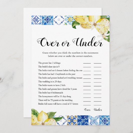 Blauwe Tegels Citroenen Over of Onder Bruidsfeest  Kaart (Voorkant / Achterkant)