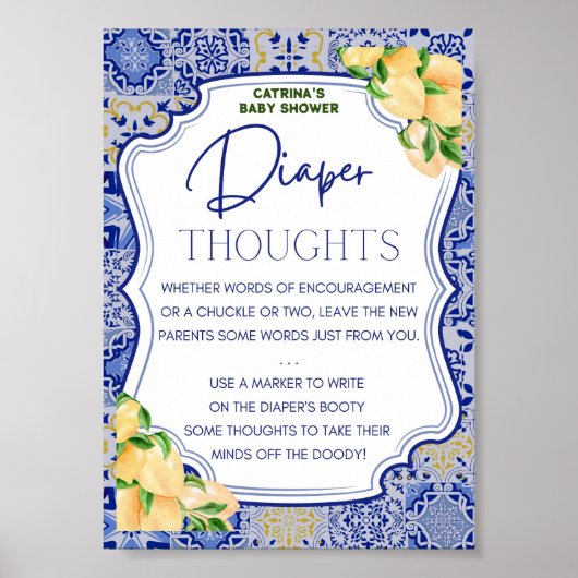 Blauwe Tegels Citrus Baby shower Teken Poster (Voorkant)