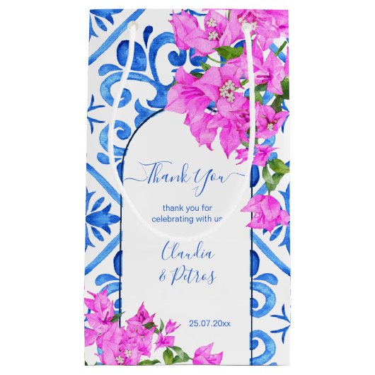 Blauwe Tegels en Bougainvillea elegant dank u Klein Cadeauzakje (Voorkant)