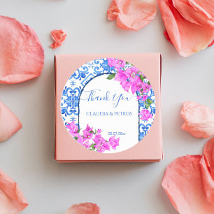Blauwe Tegels en Bougainvillea elegant dank u Ronde Sticker