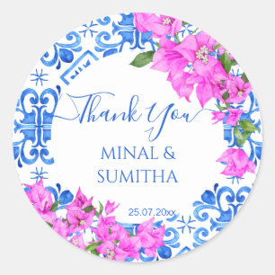Blauwe Tegels en Bougainvillea elegant dank u Ronde Sticker