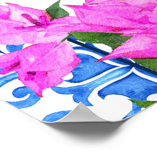 Blauwe Tegels en Bougainvillea elegant welkomstbor Poster (Hoek)