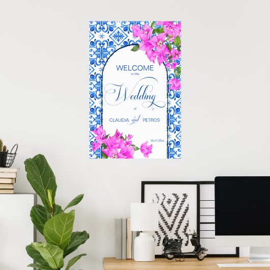 Blauwe Tegels en Bougainvillea elegant welkomstbor Poster (Thuiskantoor)