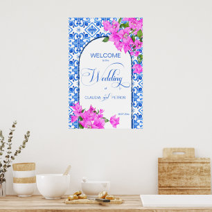 Blauwe Tegels en Bougainvillea elegant welkomstbor Poster