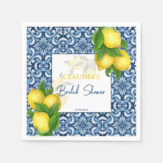 Blauwe tegels en citroen Amalfi bruidsdouche aange Servet (Voorkant)