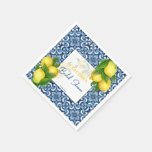 Blauwe tegels en citroen Amalfi bruidsdouche aange Servet (Hoek)