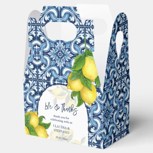 Blauwe tegels en citroen Amalfi Italiaans bruiloft Bedankdoosjes (Geopend)