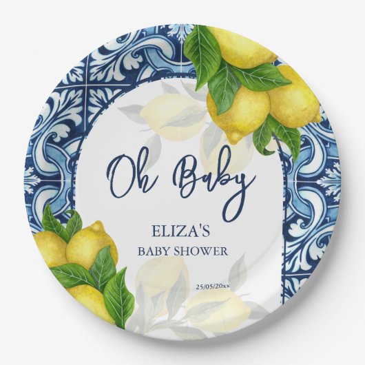 Blauwe tegels en citroen Amalfi Positano-baby show Papieren Bordje (Voorkant)