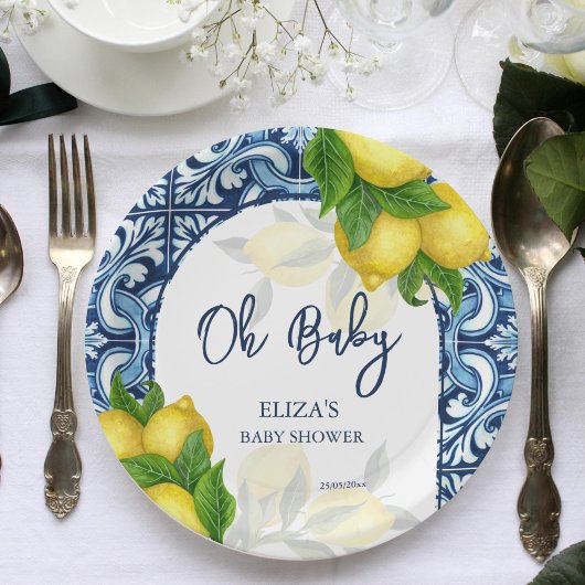 Blauwe tegels en citroen Amalfi Positano-baby show Papieren Bordje