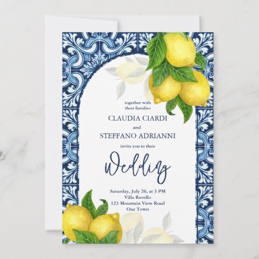 Blauwe tegels en citroen Amalfi Positano-bruiloft Kaart (Voorkant)