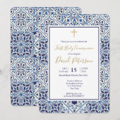 Blauwe tegels en gouden kruiscommunie kaart (Voorkant / Achterkant)